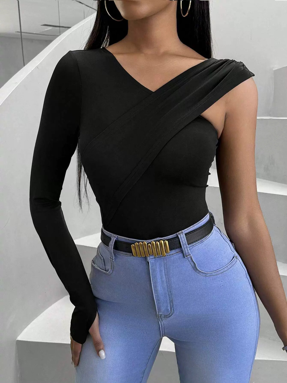 ZARA Spring Summer Stylish Asymmetrical Neck Long Sleeve Slimming Top